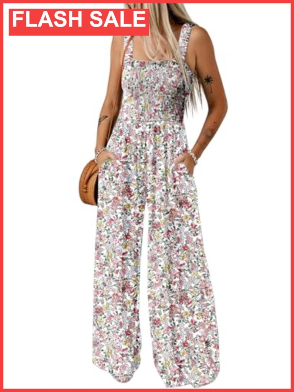 Women's Sleeveless Square Neck Wide Leg Jumpsuit with Pockets